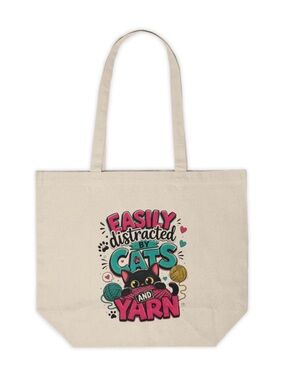 Easily Distracted by Cats and Yarn Canvas Tote Bag | Cute Cat Lover Crochet Bag